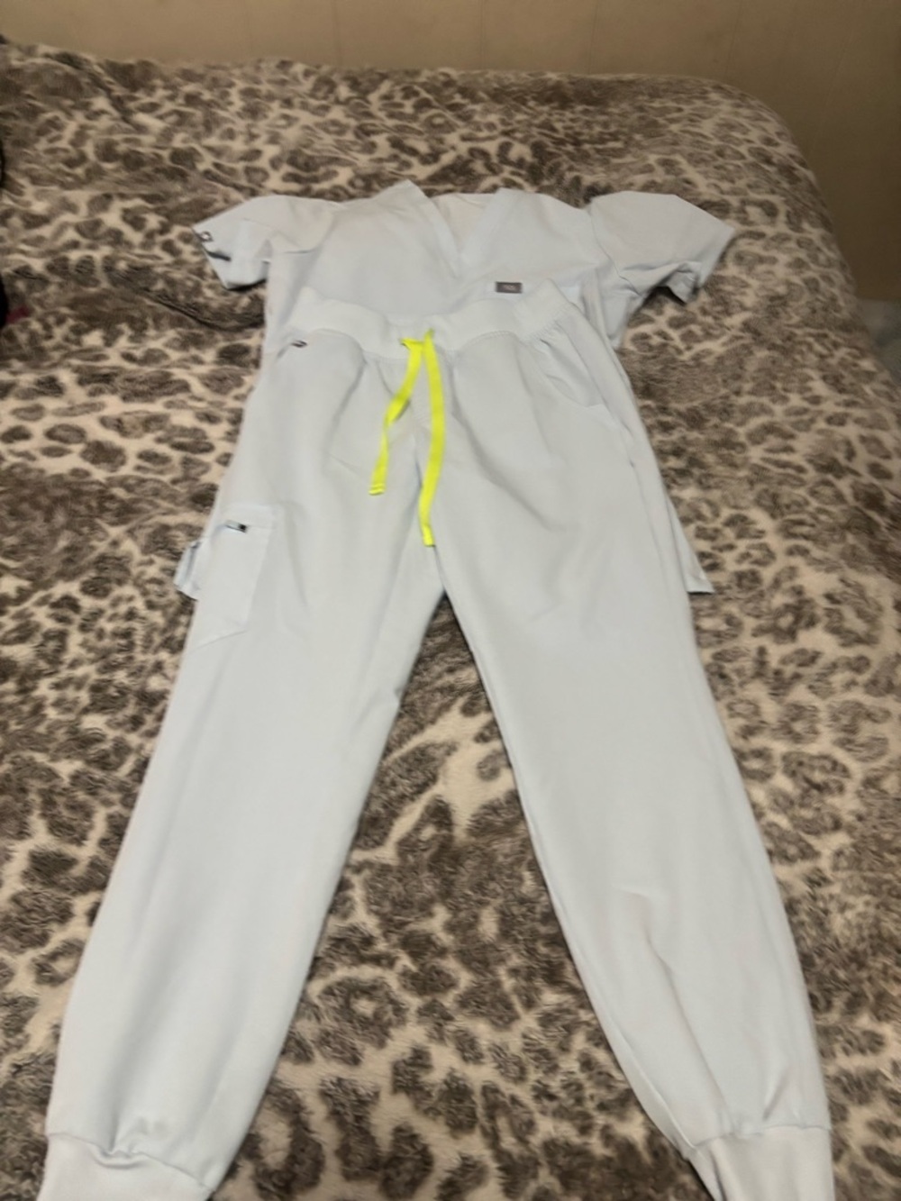 Figs Women's Light Blue Scrubs Set with Neon Yellow Drawstring